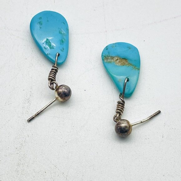 Turquoise Color Teardrop Dangle Earrings Silver Tone Ethnic Native Tribal SW - Picture 2 of 11